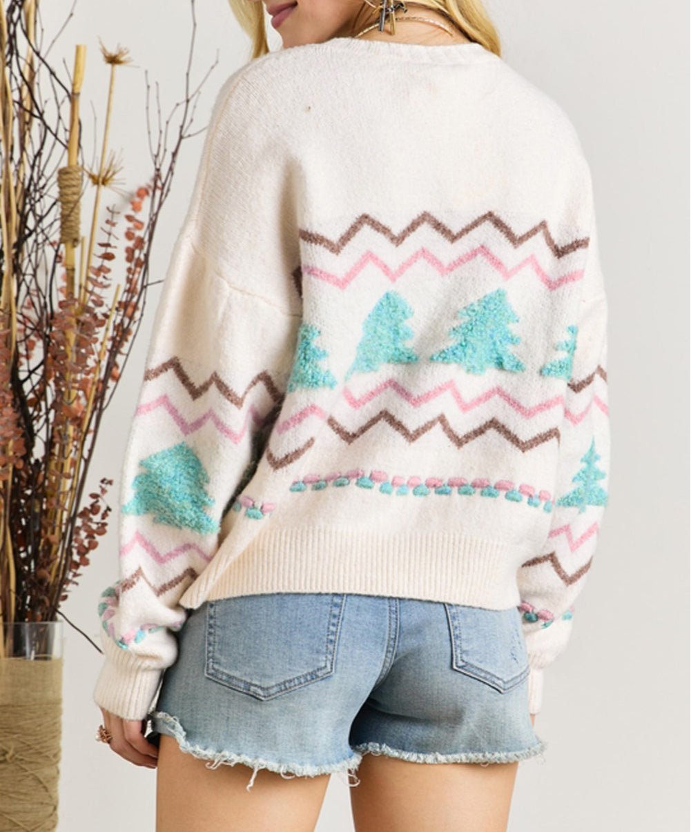 Striped Christmas Tree Ribbed Trim Drop Shoulder Sweater
