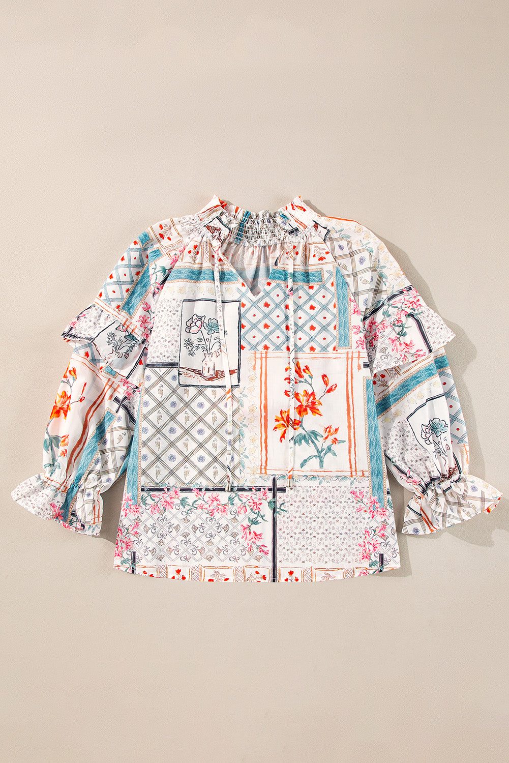 Floral Patched Ruffled Sleeve Tied Neck Blouse