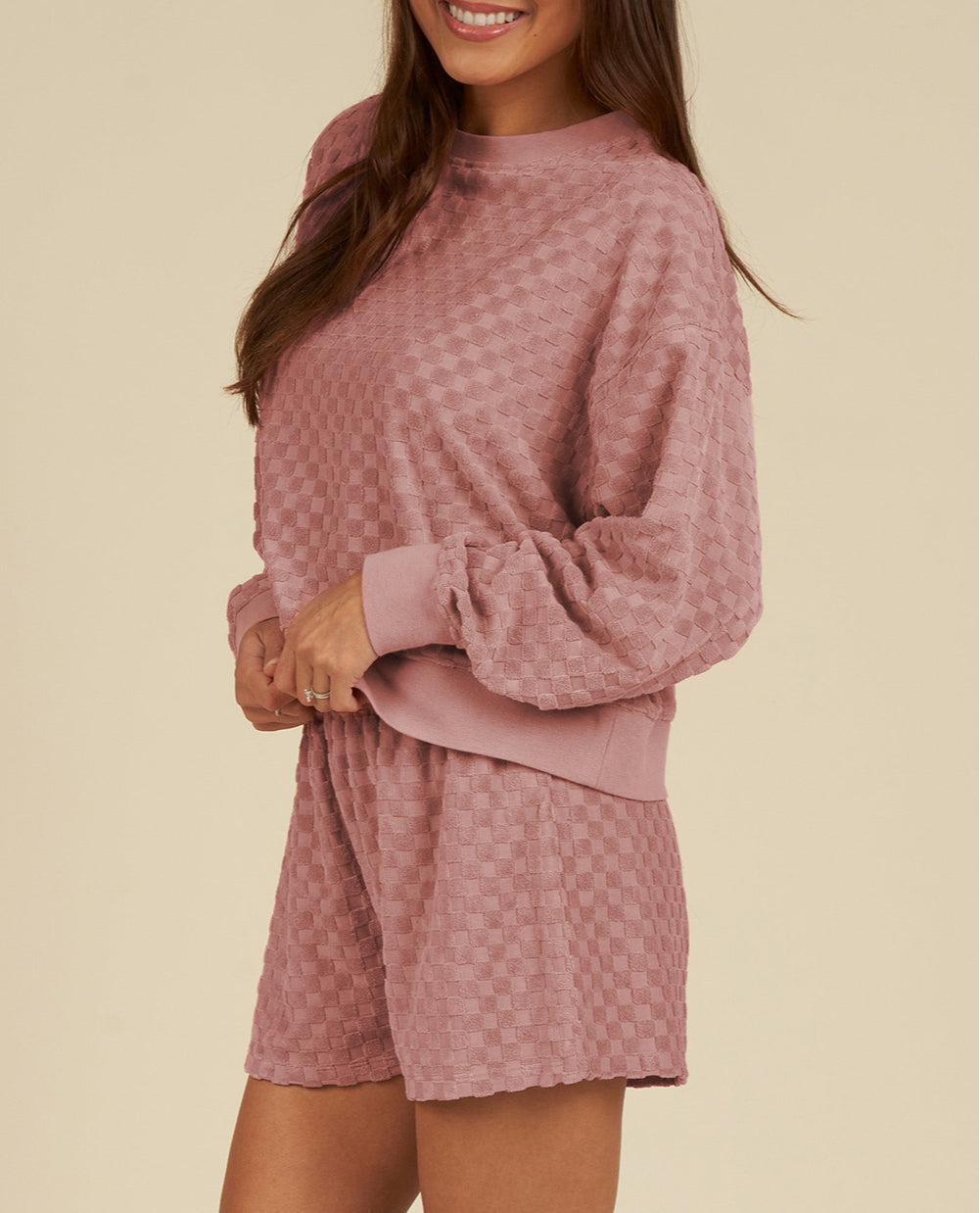 Checkered Textured Long Sleeve Top and Shorts Set