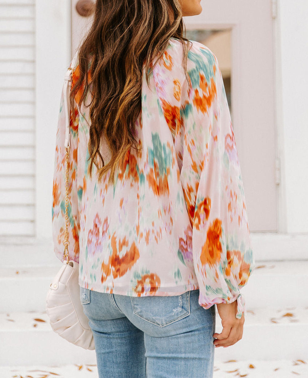 Abstract Print Split Neck Puff Sleeve Blouse