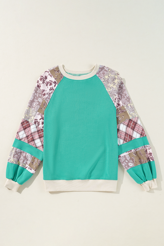 Plaid Vintage Paisley Patchwork Long Sleeve Raglan Top