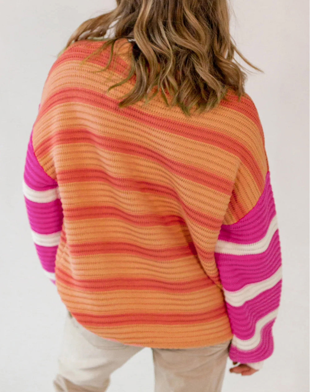 Stripe Colorblock Crew Neck Drop Shoulder Loose Sweater