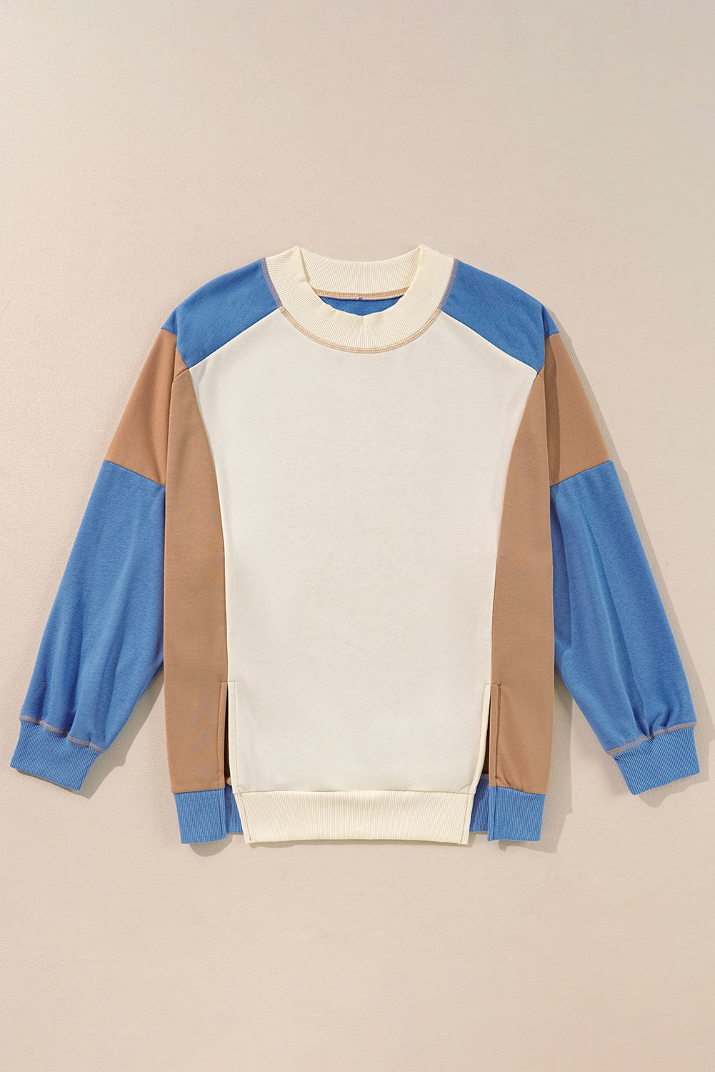 Ribbed Detail Color Block Sleeve Baggy Sweatshirt