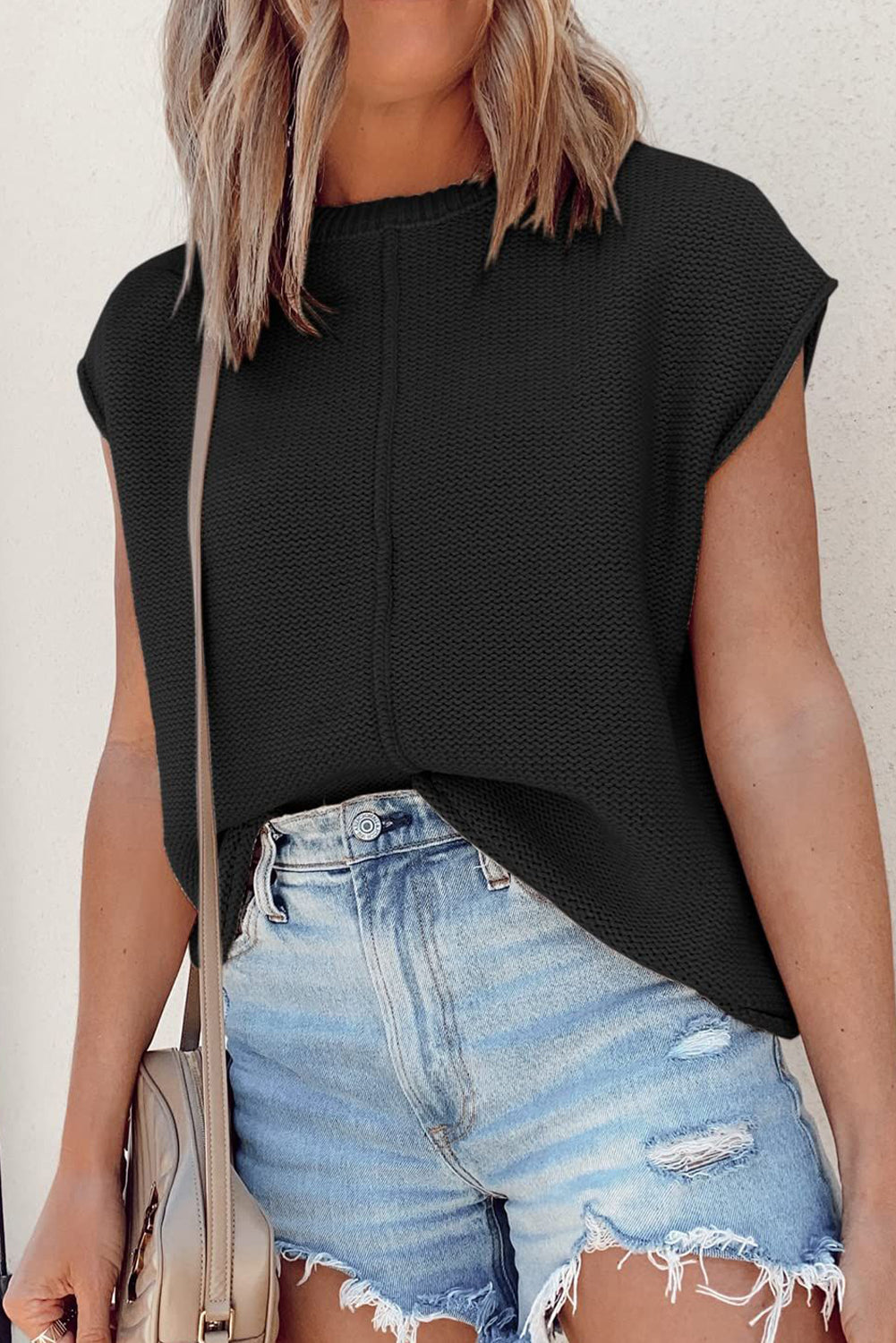 Solid Color Cap Sleeve Knitted Sweater