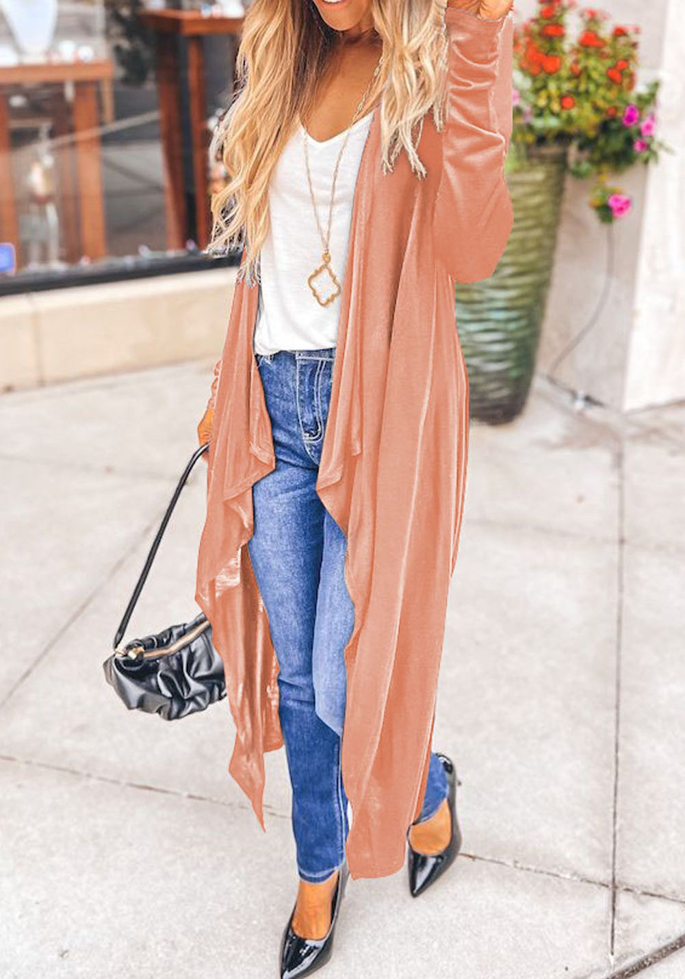 Draped Open Front Long Cardigan