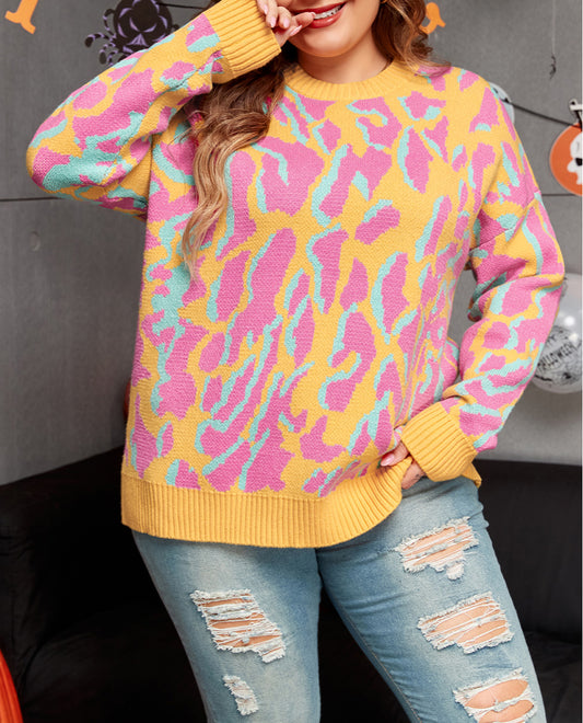 Plus Size Leopard Ribbed Trim Sweater