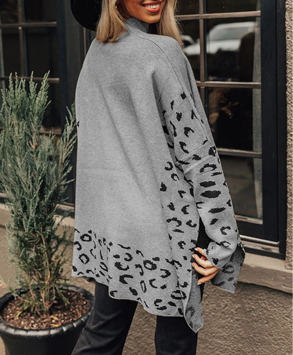 Gray Leopard High Neck Side Slit Oversized Sweater