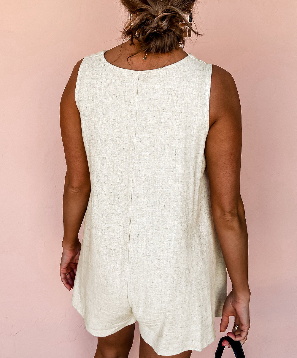 Sleeveless V Neck Buttoned Front Chest Pocket Romper