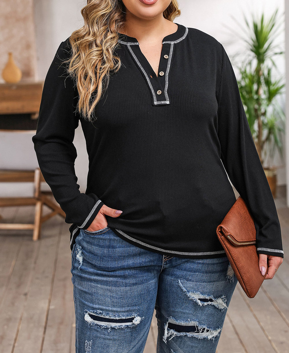 Plus Size Contrasting Topstitch Ribbed Henley Top
