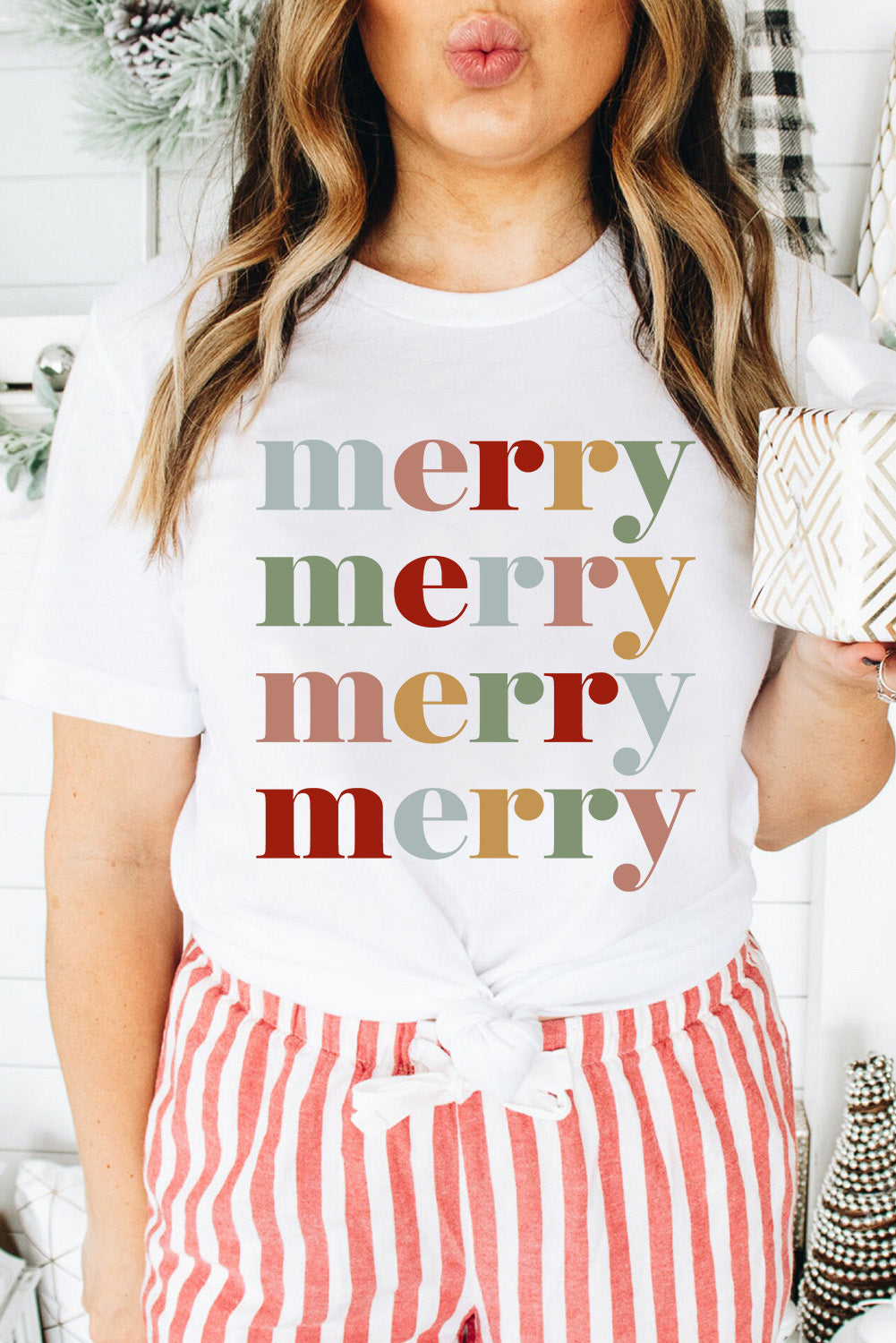 Colorful merry Printed Crewneck Christmas T Shirt