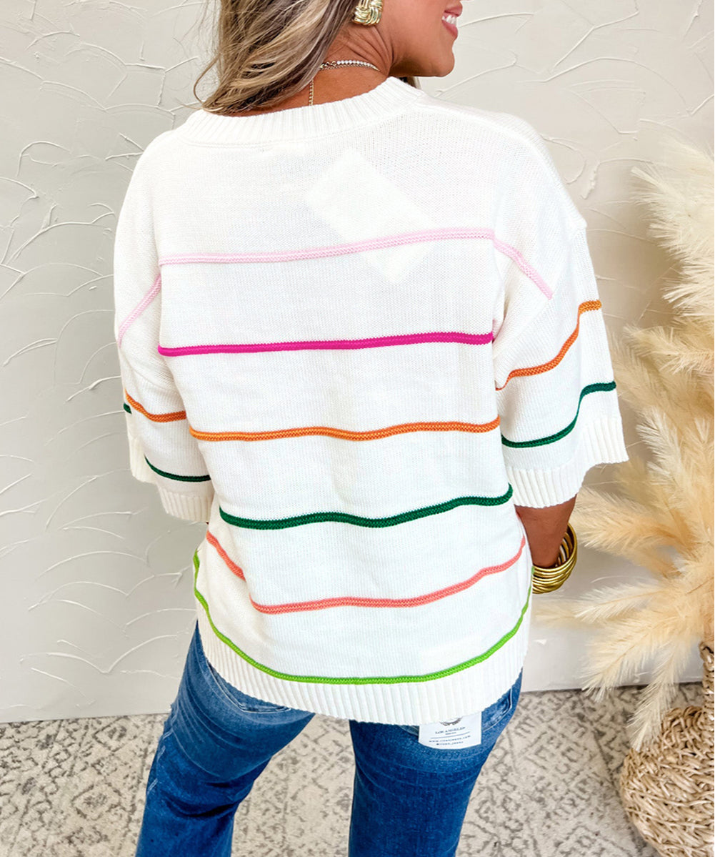 Colorblock Striped Half Sleeve Drop Shoulder Sweater