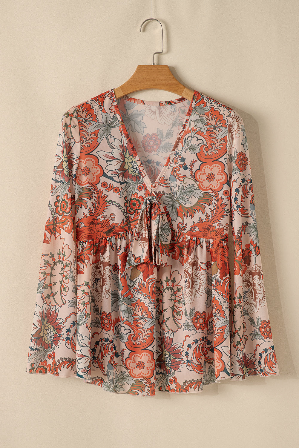 Floral Print Deep V Neck Knot Bell Sleeve Blouse