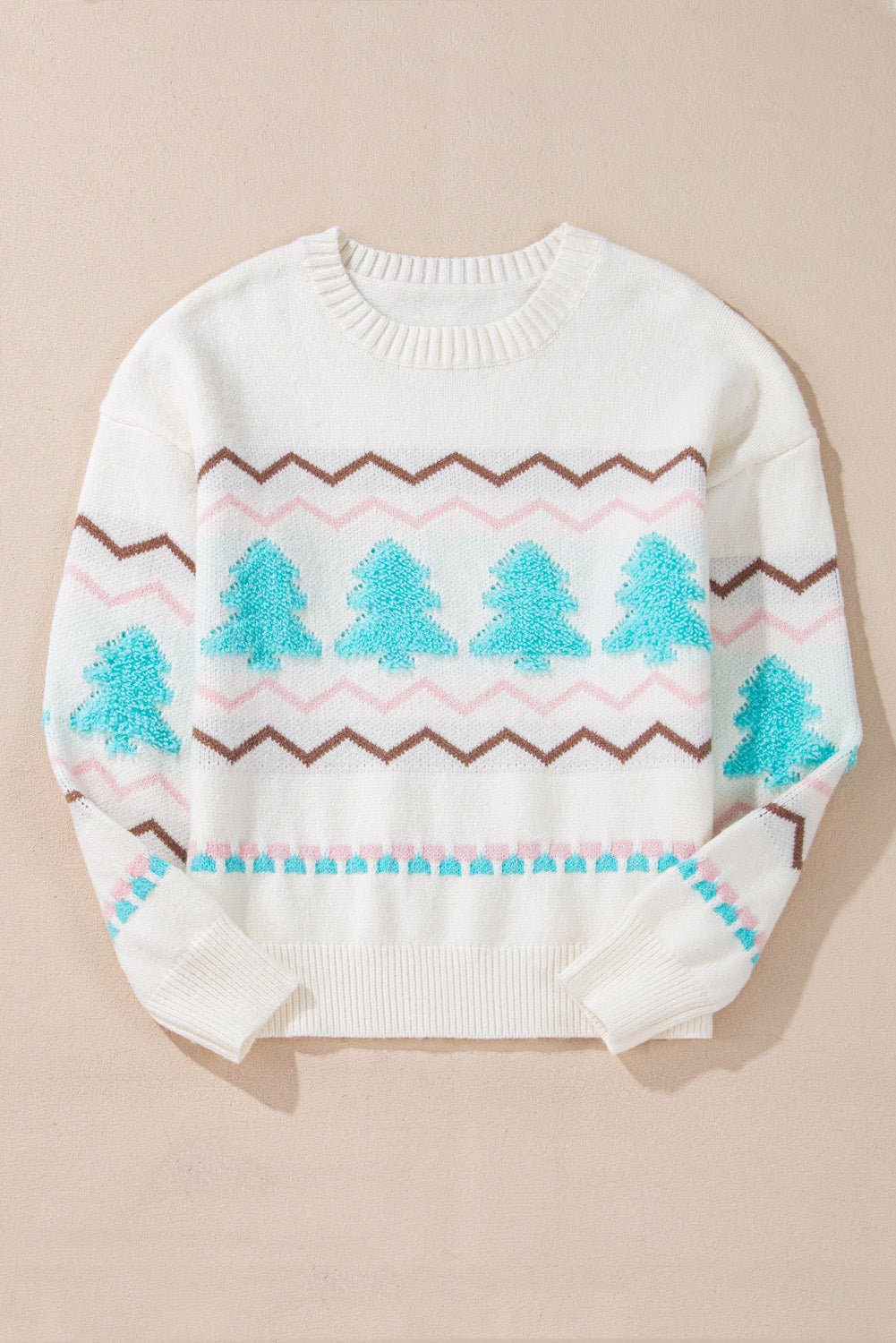 Striped Christmas Tree Ribbed Trim Drop Shoulder Sweater