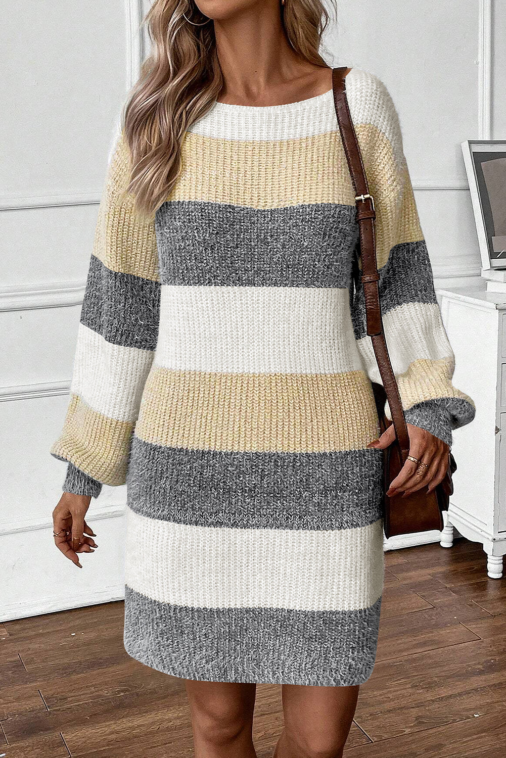 Stripe Colorblock Bubble Sleeve Drop Shoulder Sweater Dress