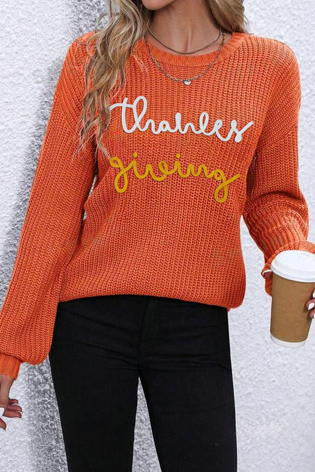 Sandalwood Thanks Giving Letter Graphic Crew Neck Sweater