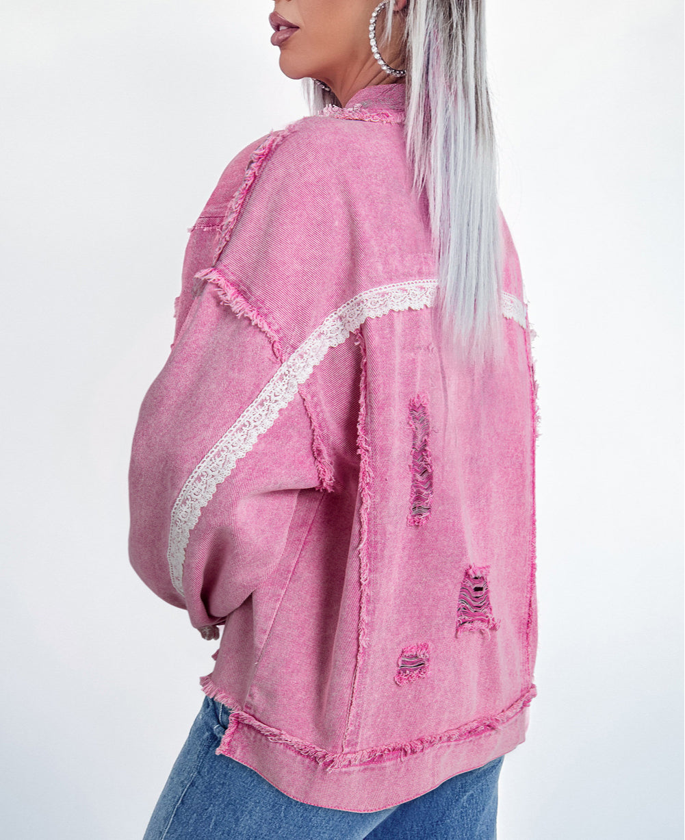 Lace Patchwork Distressed Buttoned Denim Jacket