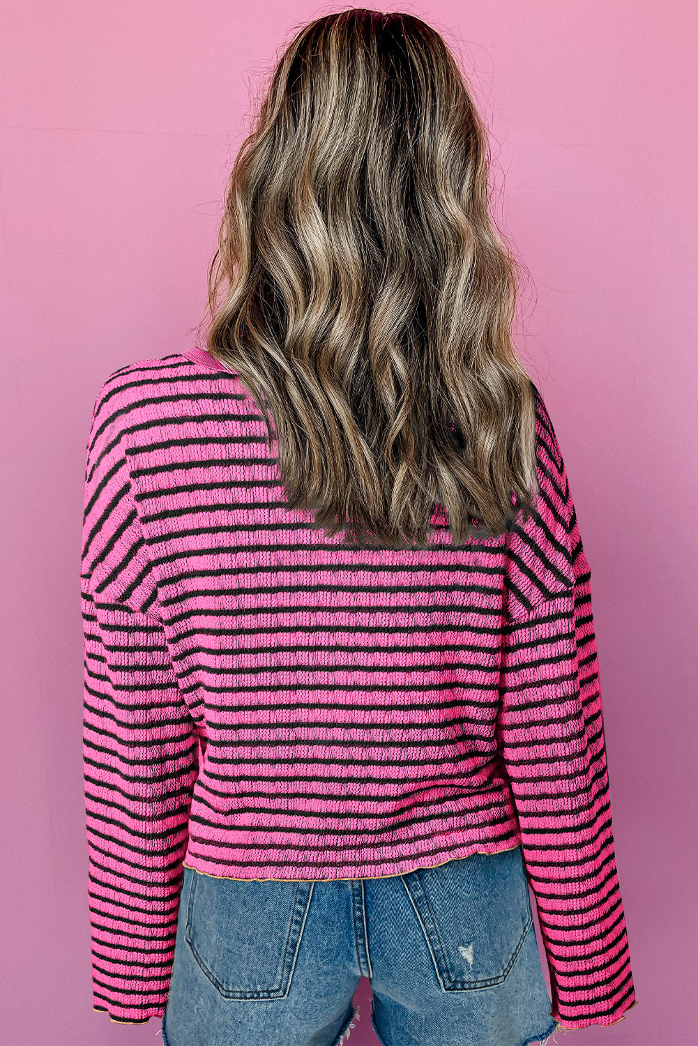 Stripe Textured Frilly Trim Buttons Henley Long Sleeve Top