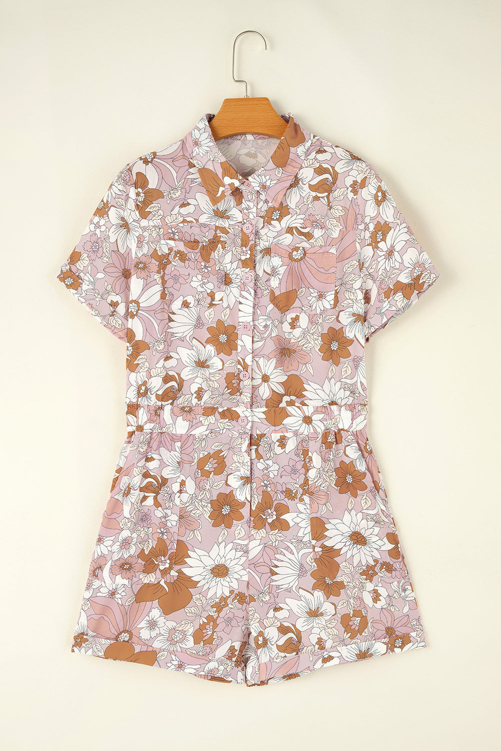 Floral Short Sleeve Collared Button Front Romper