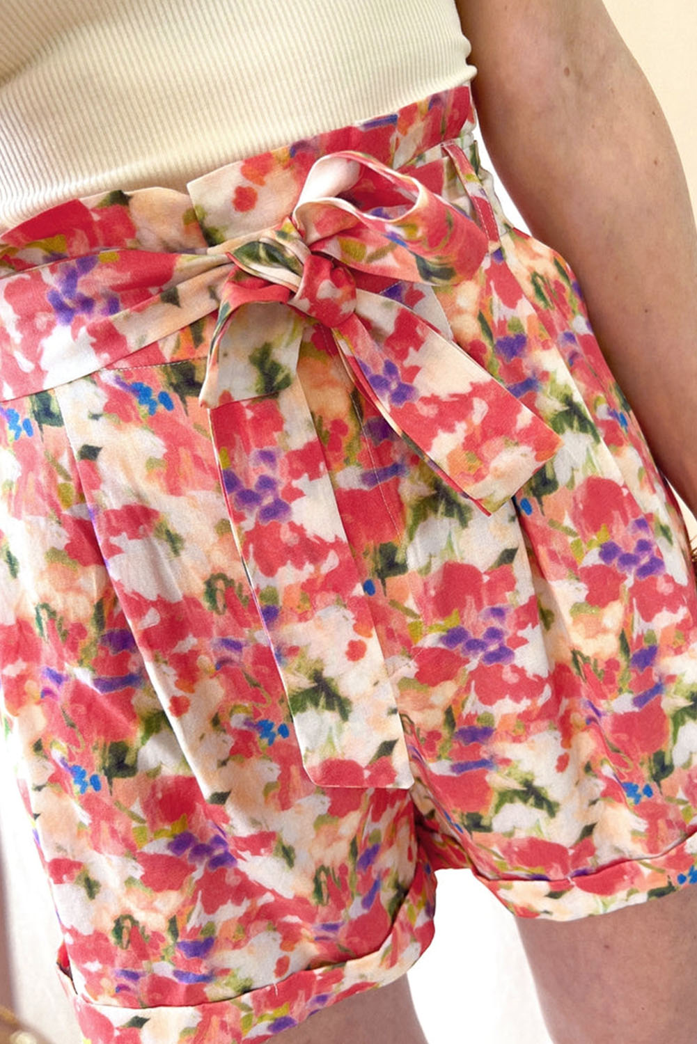 Abstract Floral Print Lace up High Waist Shorts