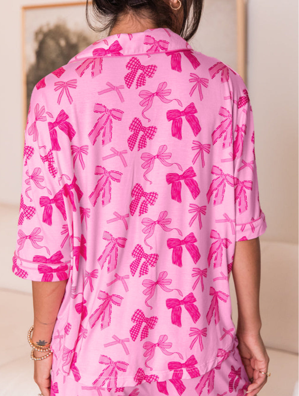 Bow Print Half Sleeve Shirt and Shorts Pajamas Set
