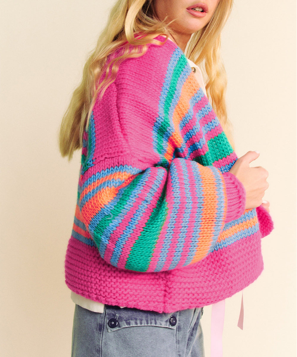 Stripe Colorful Puff Sleeve Drop Shoulder Loose Cardigan