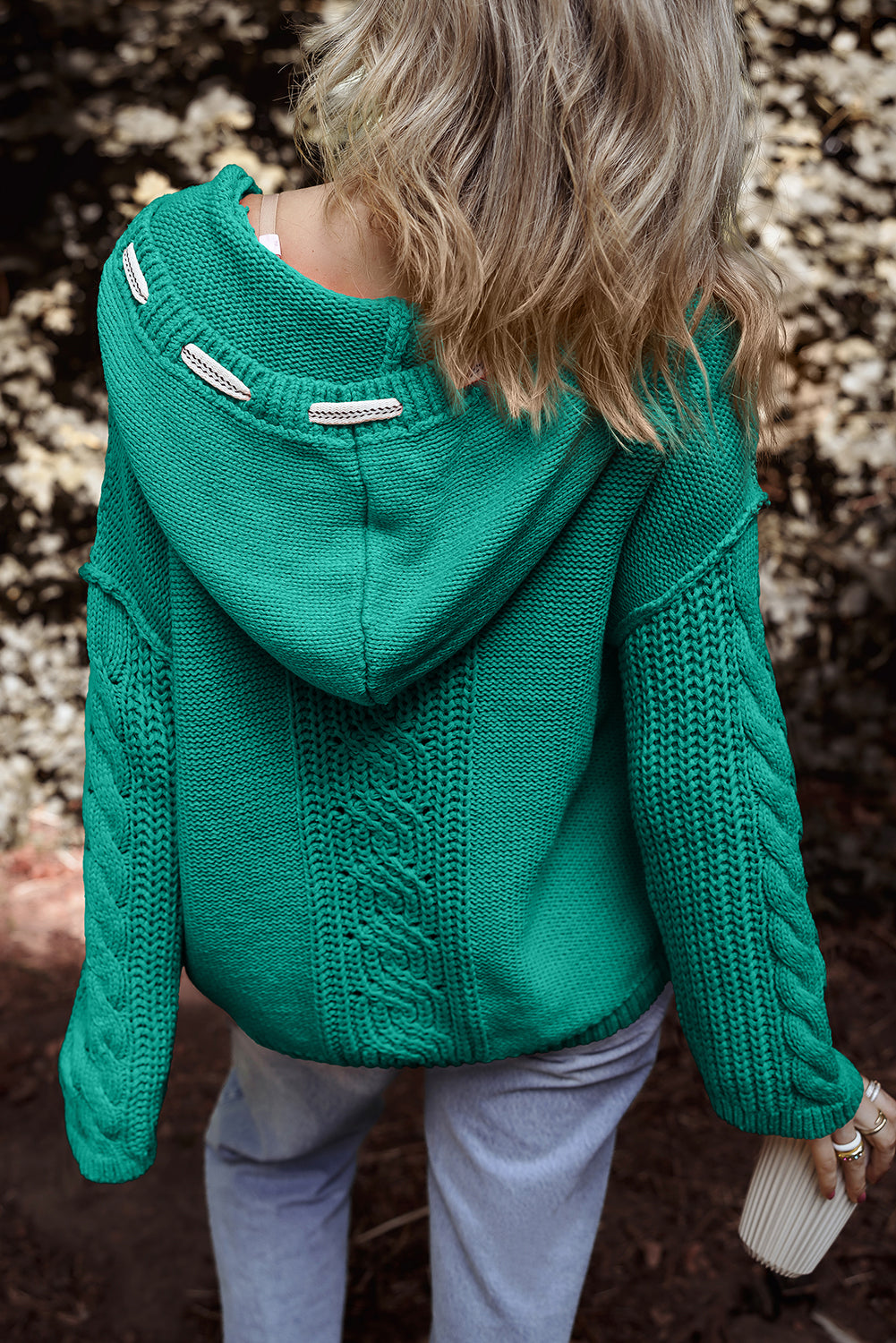Cable Knit V Neck Contrast Drawstring Hooded Sweater