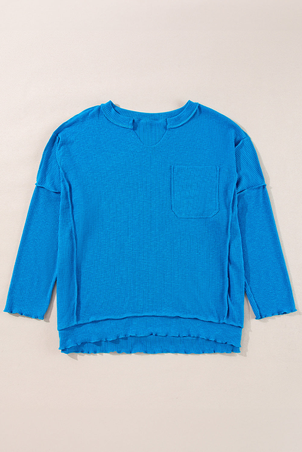 Ribbed Exposed Seam Knit V Neck Long Sleeve Top