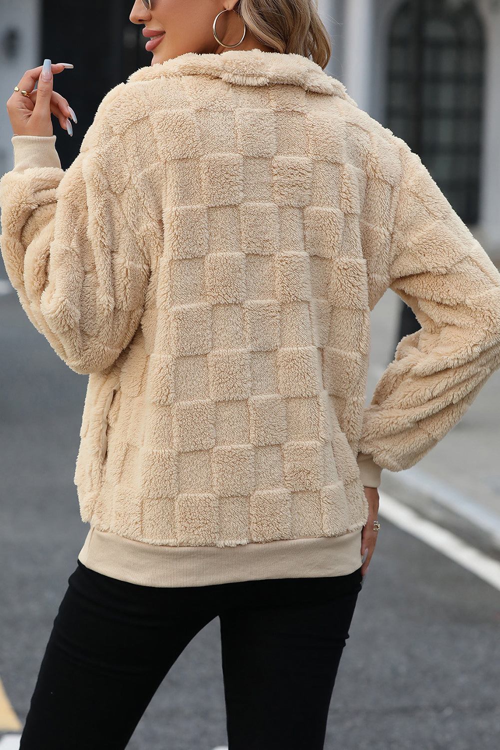 Checkered Plush Quarter Zipper Pullover Sweatshirt