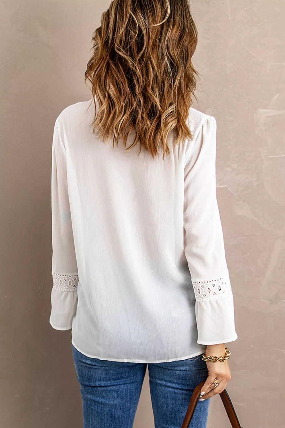 Lace Ruffed Long Sleeve V Neck Shirt
