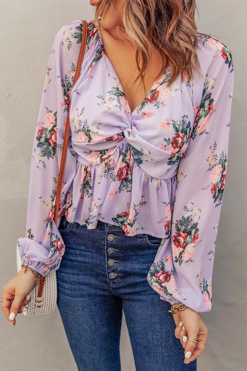 V Neck Balloon Sleeve Twist Front Floral Blouse