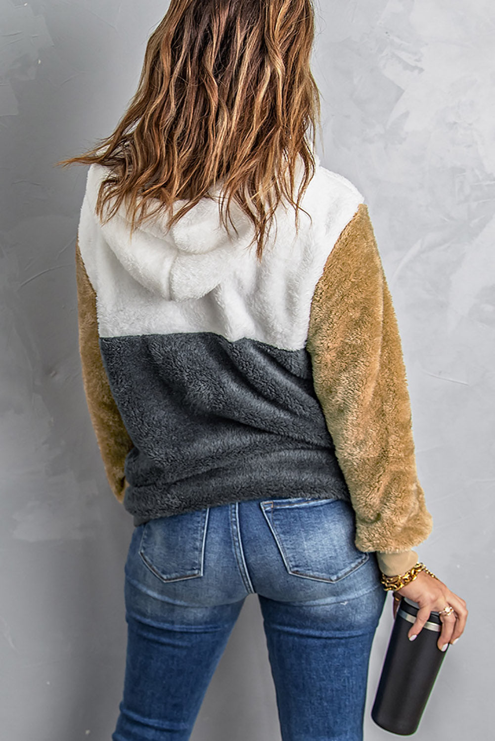 Colorblock Fluffy Faux Fur Hoodie