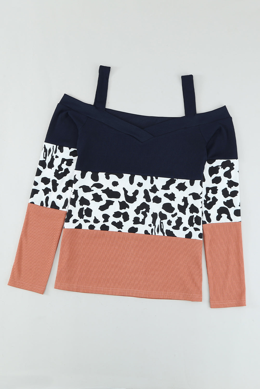 Leopard Color Block Cold Shoulder Blouse