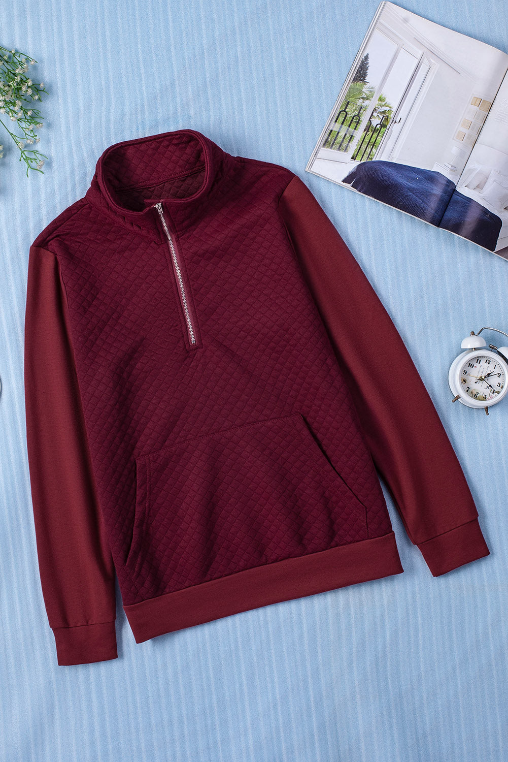 Stand Neck Waffle Zip up Sweatshirt