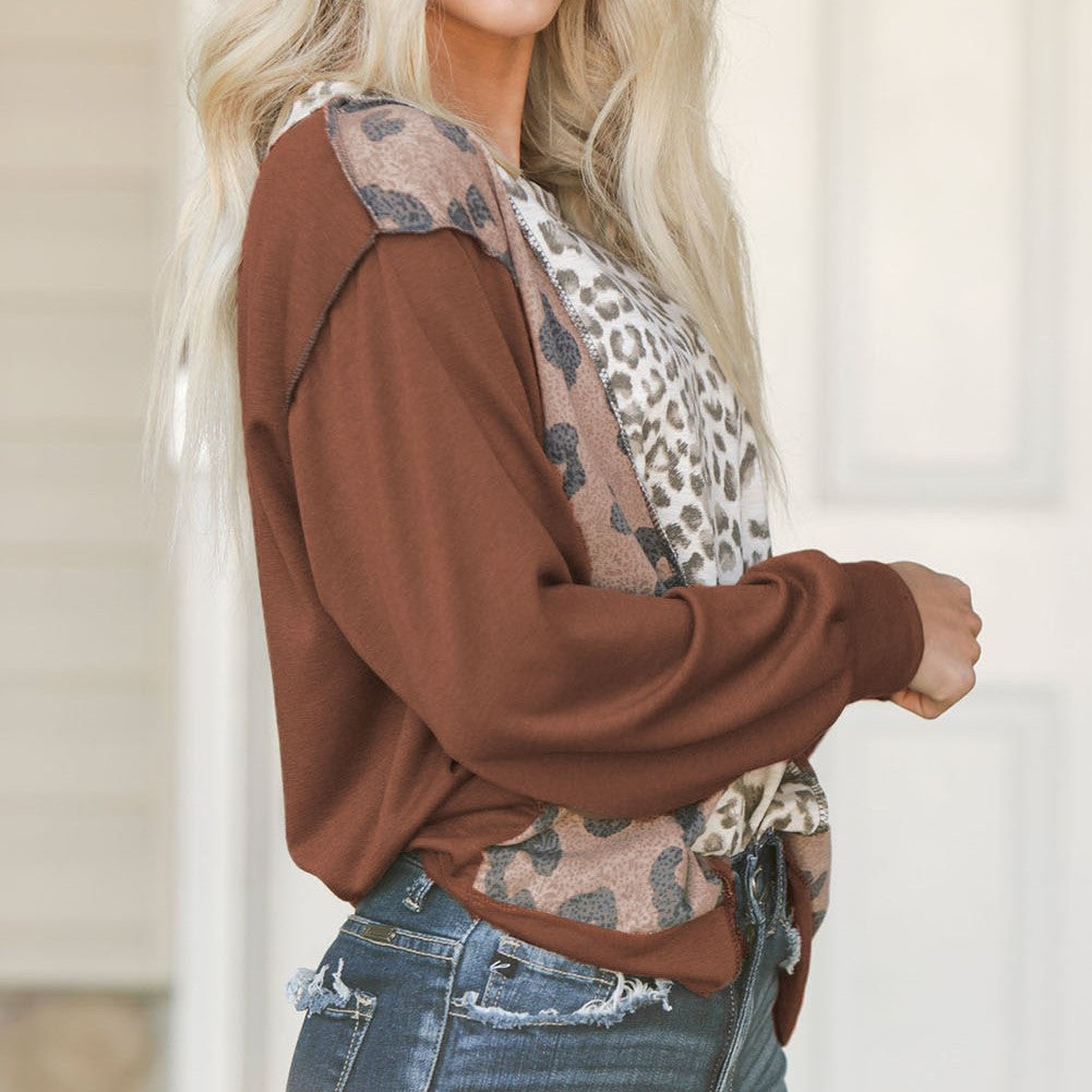 Leopard Patchwork Drop Shoulder Long Sleeve Top