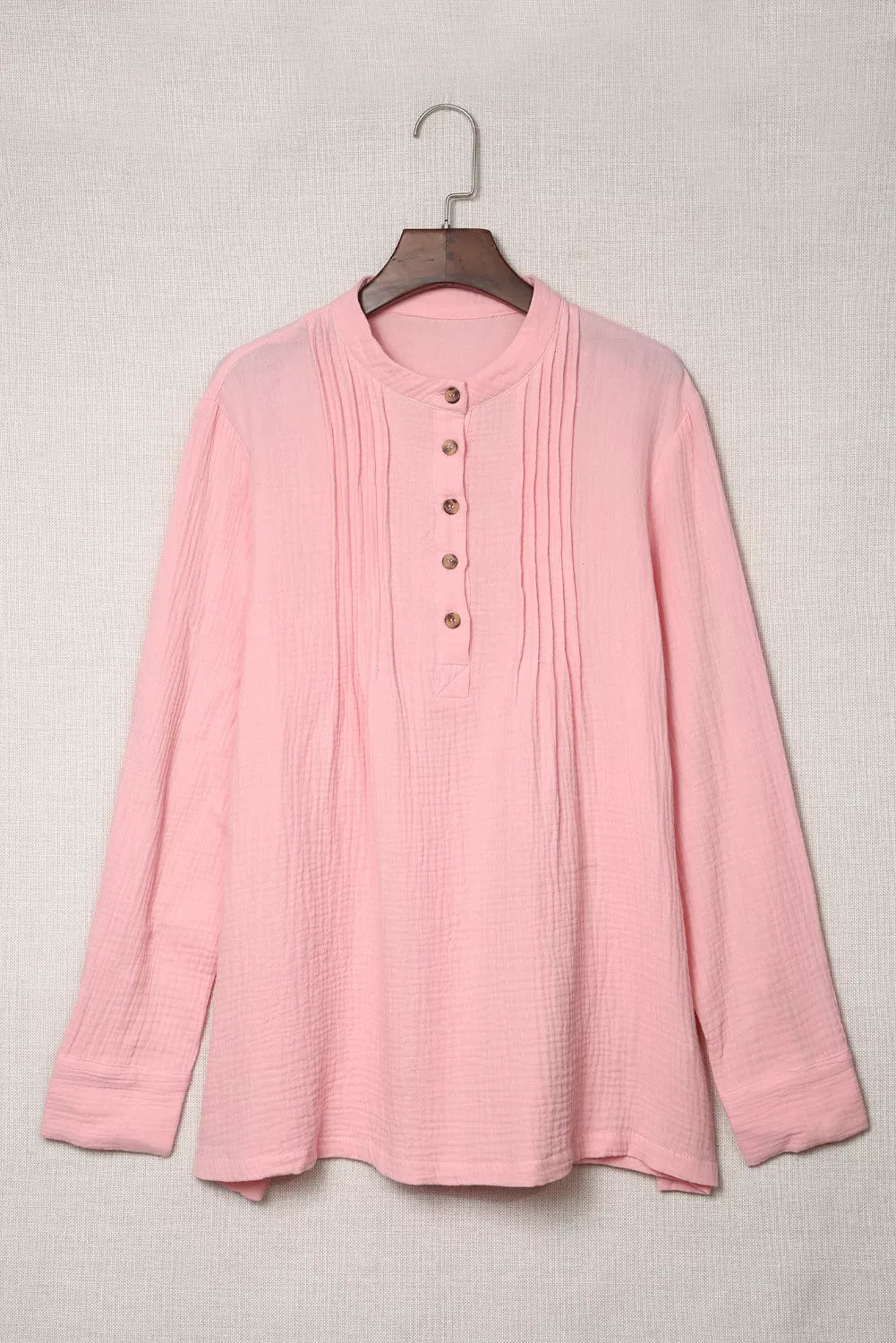 Pink Pleated Half Buttoned Waffle Knit Blouse