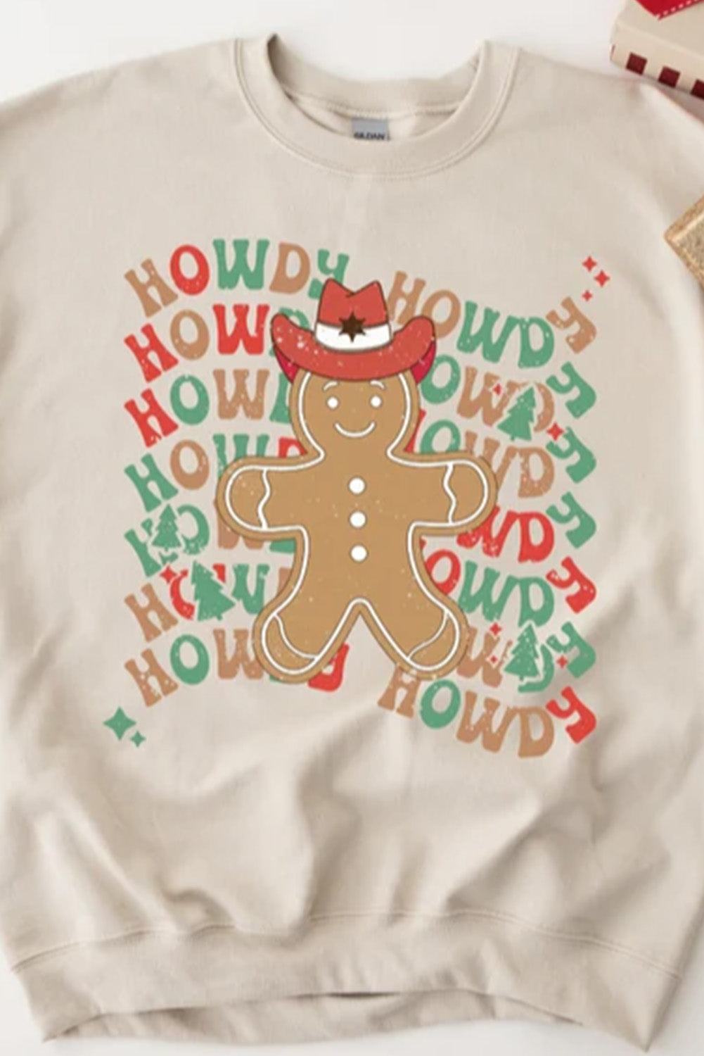 Khaki Howdy Gingerbread Man Print Long Sleeve Sweatshirt