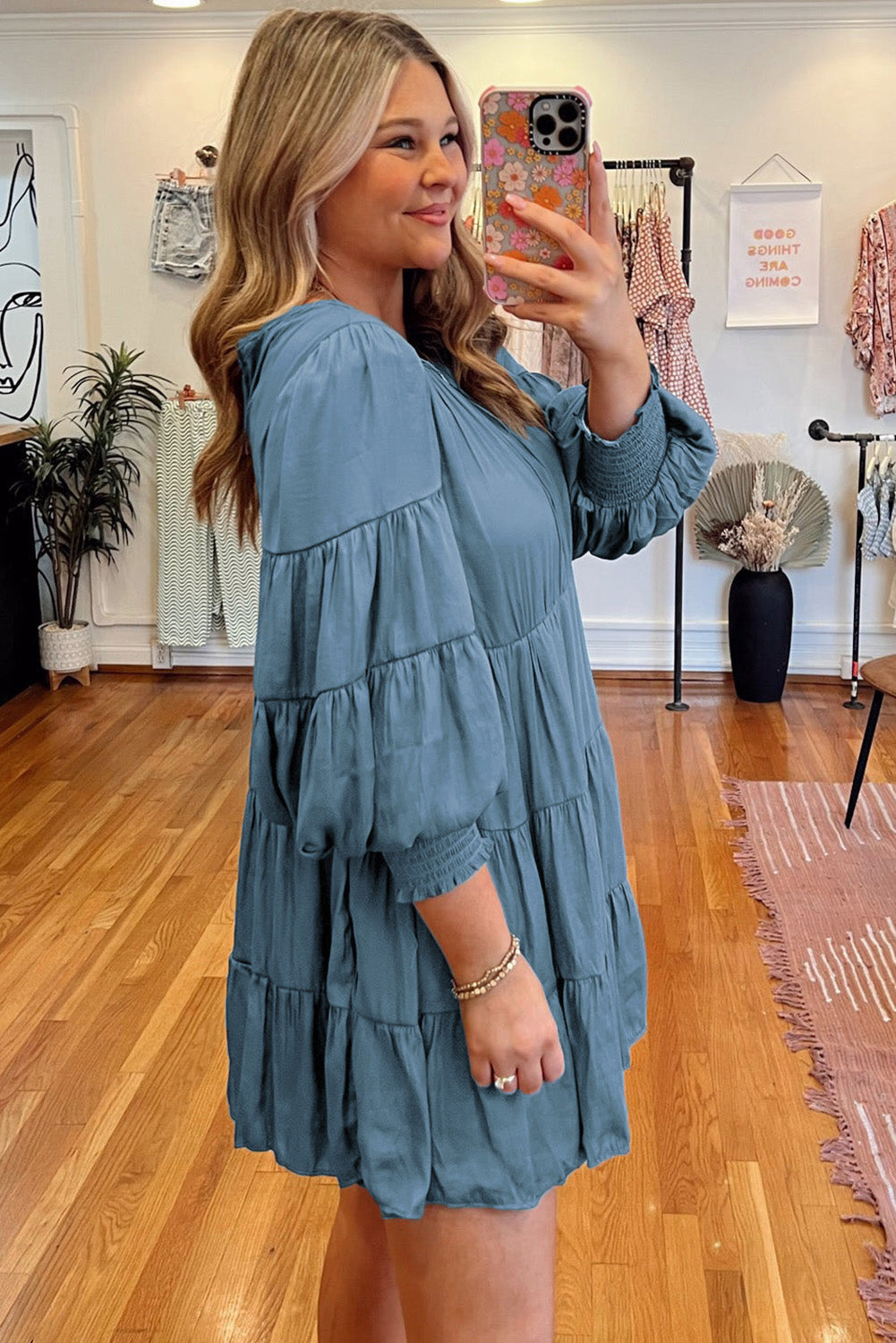 Sky Blue Shirring Tiered Flowy Babydoll Dress