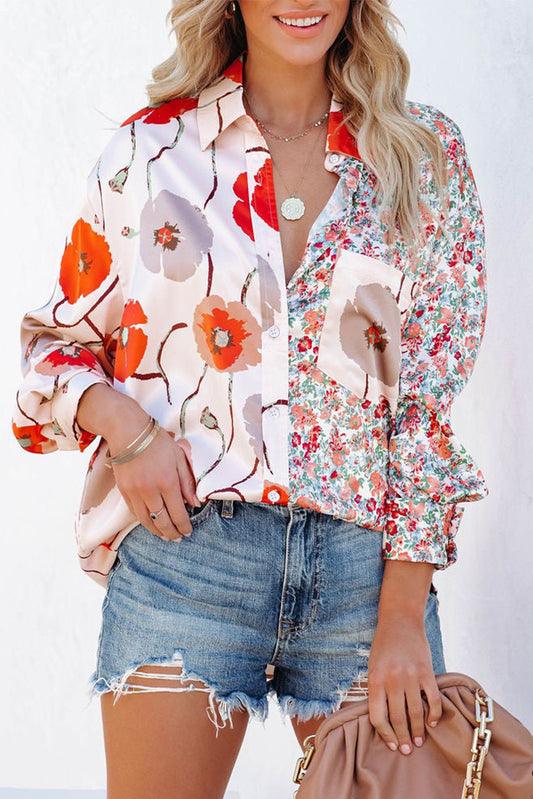 Floral Patchwork Buttoned Shirt with Pocket