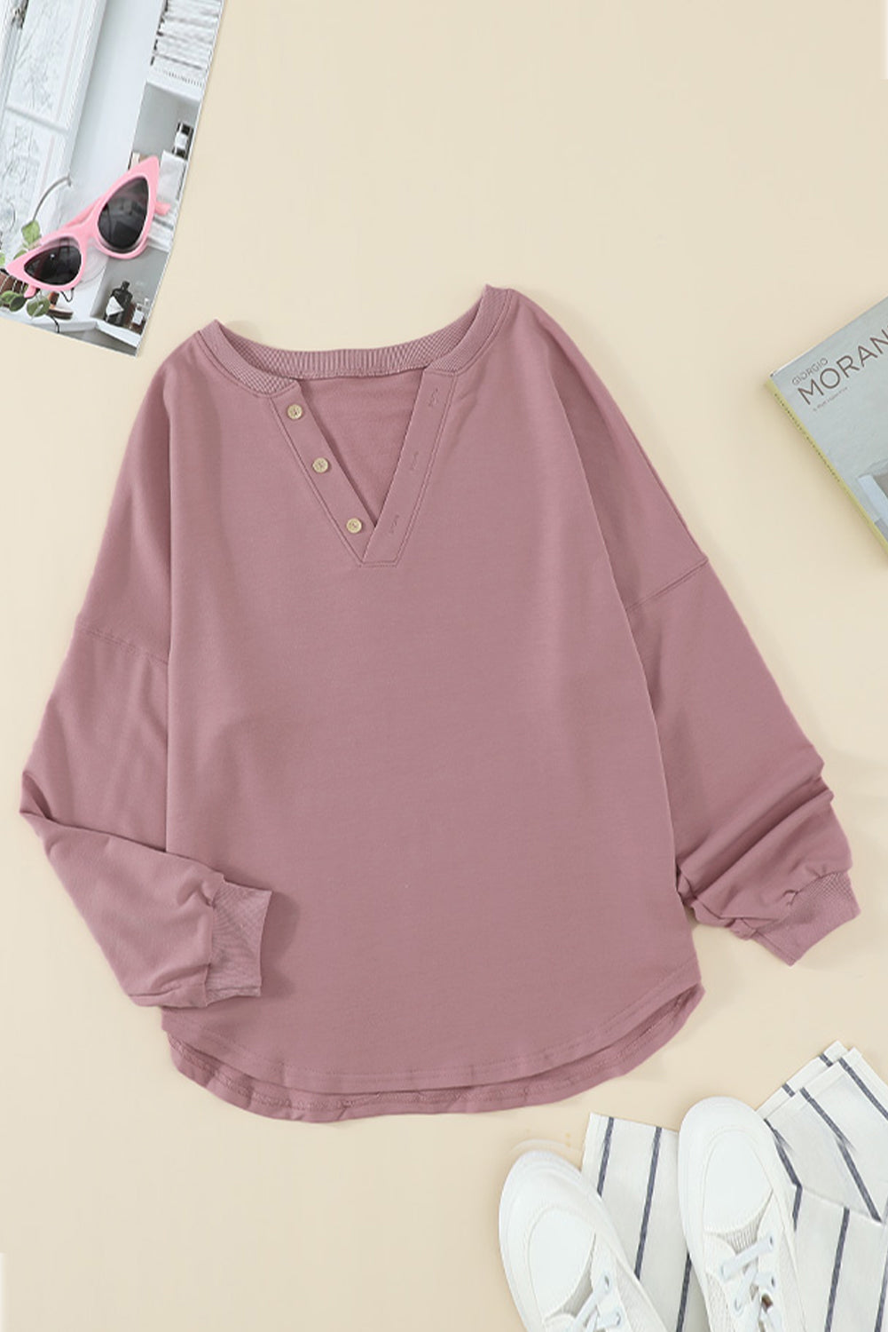 Buttoned V Neck Cotton Loose Fit Top