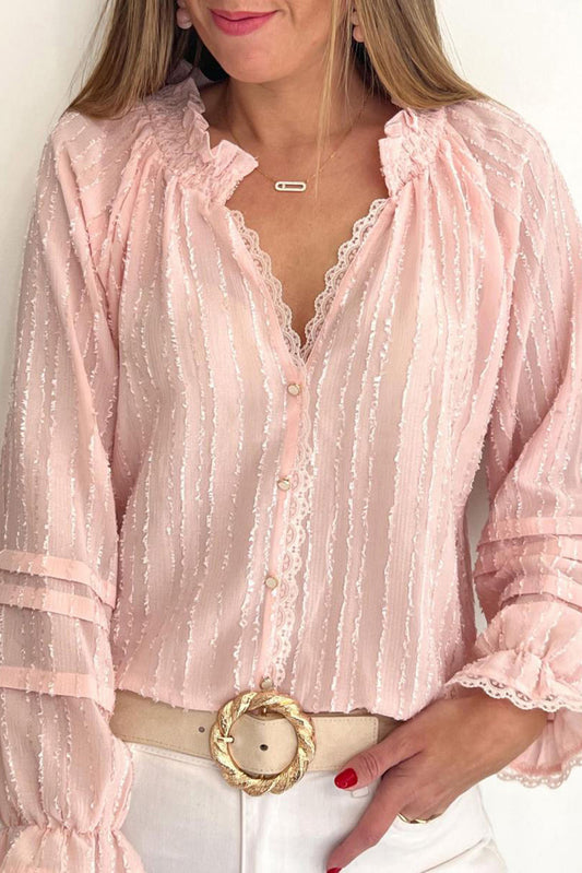 Sweet Lace Frilled Trim Button Up Blouse