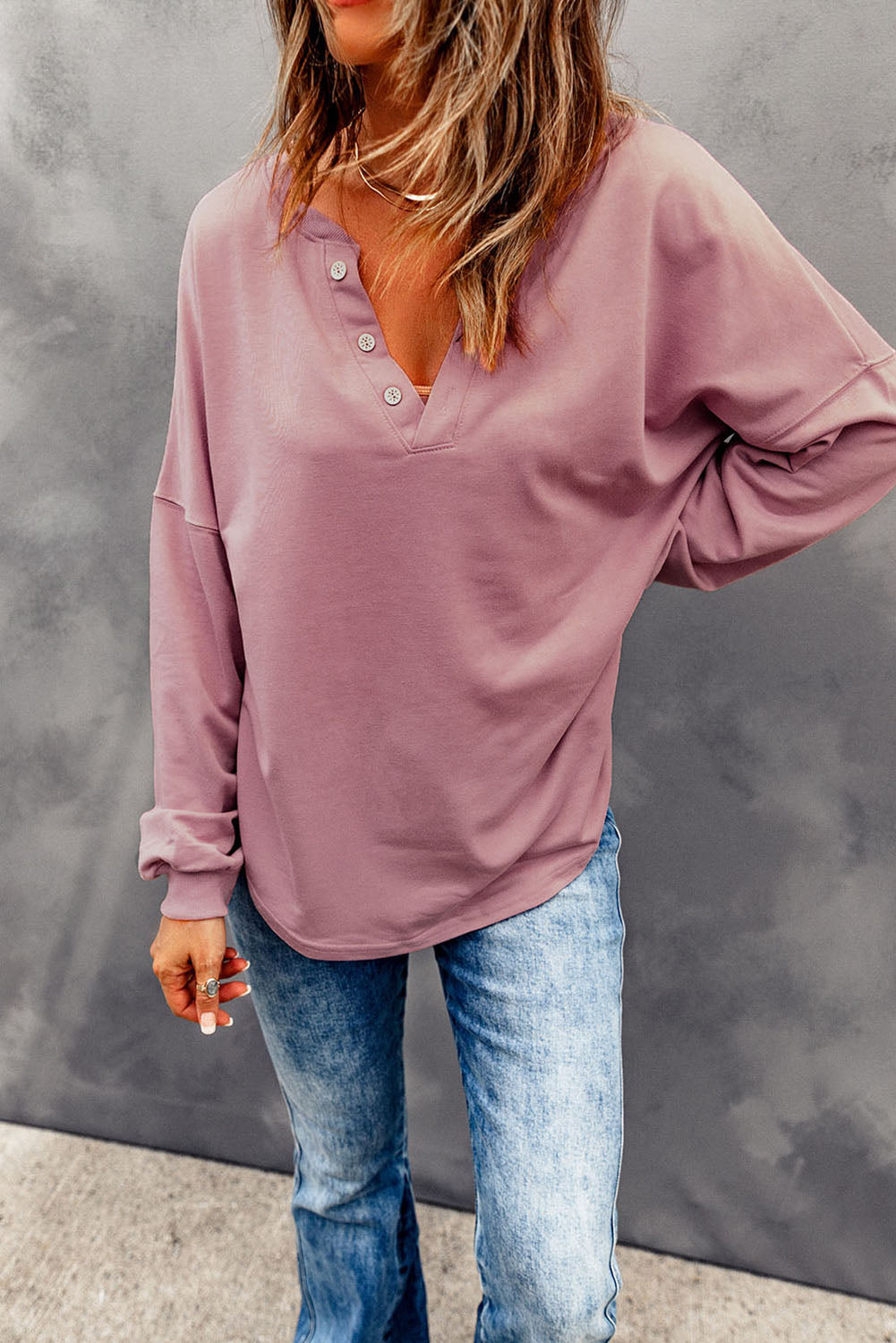 Buttoned V Neck Cotton Loose Fit Top