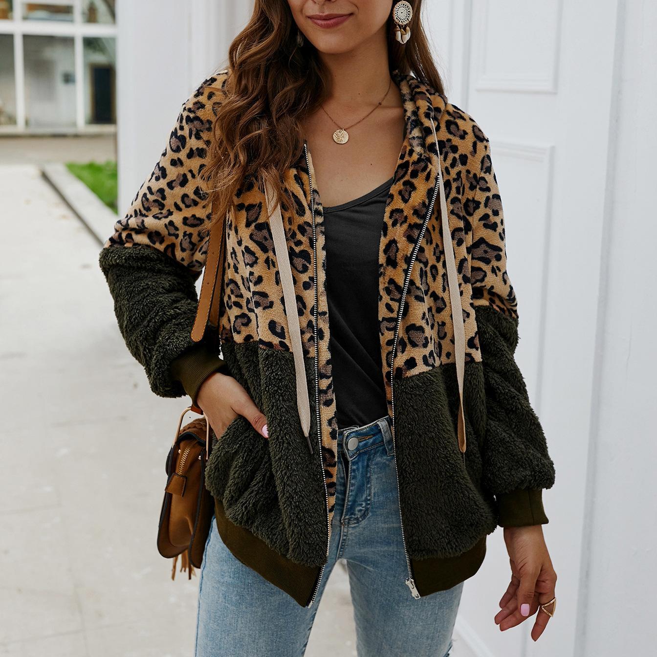 Winter leopard print patchwork hooded sweatshirt