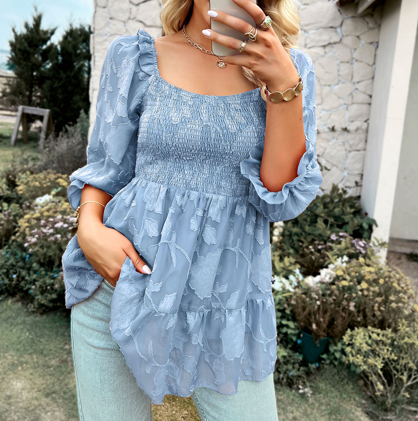 French square collar peplum top