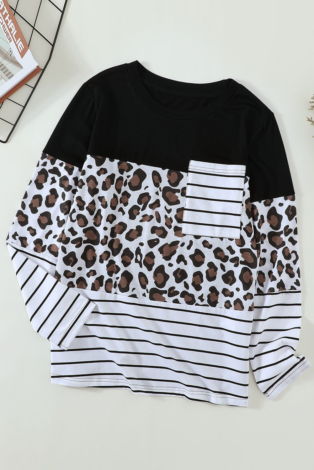 Camo Stripes Patchwork Long Sleeve Top with Pocket
