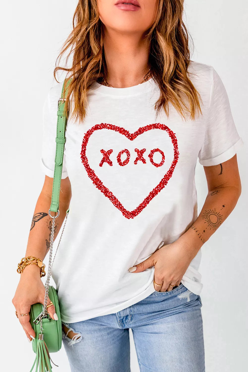 White XOXO Heart Shape Glitter Print Crew Neck T Shirt