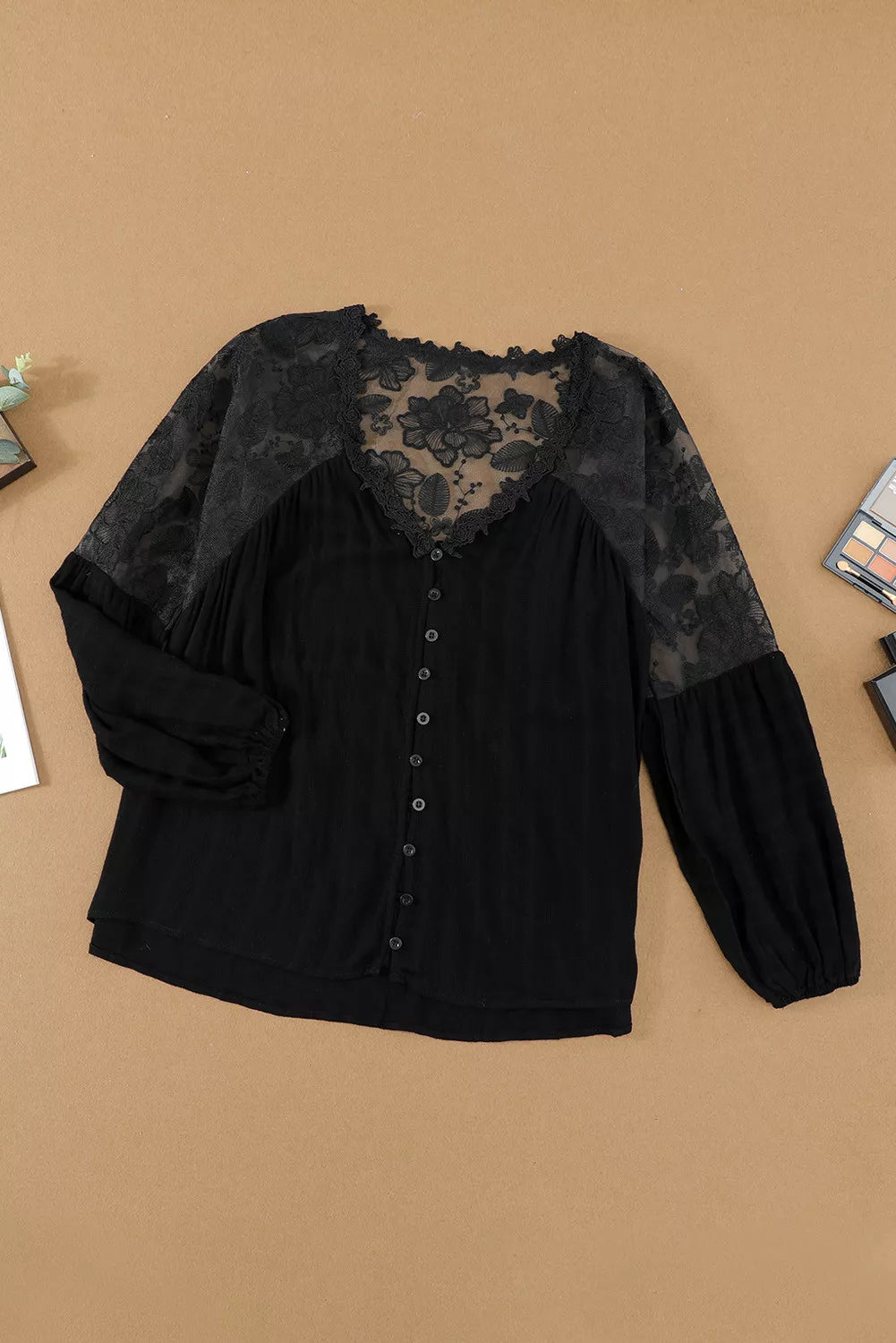 V Neckline Lace Shoulder Patchwork Blouse