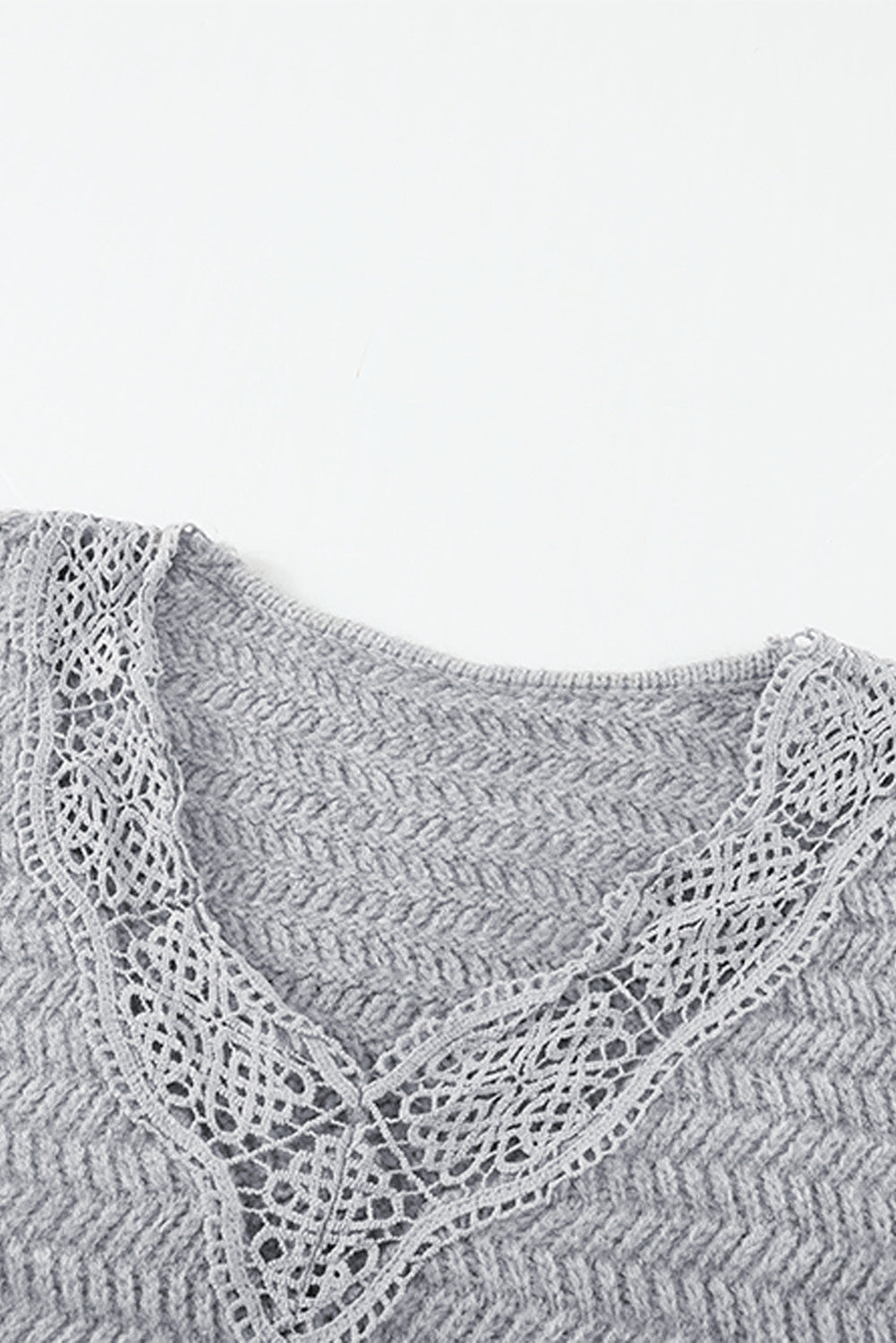 Gray Lace Scalloped V-Neck Side Split Loose Sweater