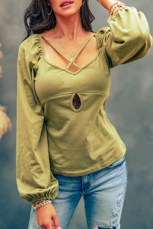 Cut Out Criss Cross Sweetheart Neck Long Sleeve Top