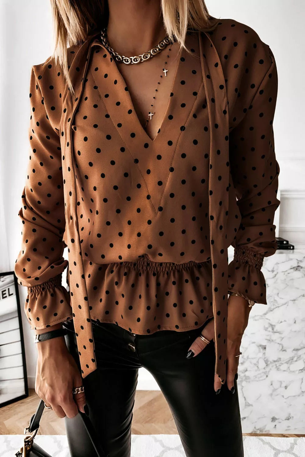 V Neck Tie Polka Dot Ruffled Blouse