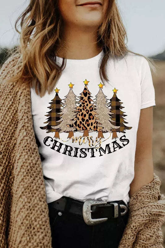 White Merry Christmas Leopard Tree Print Short Sleeve T Shirt